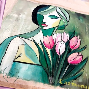 Kézzel festett modern tulipános táska, művészet és újrahasznosítás találkozása  - táska & tok - bevásárlás & shopper táska - kenyeres zsák - Meska.hu