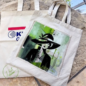 Kézzel festett táska, modern kalapos nő, művészet és újrahasznosítás találkozása  - táska & tok - bevásárlás & shopper táska - kenyeres zsák - Meska.hu