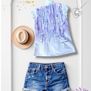 Művészet amit viselhetsz. Szabad kézzel festett nő rövid ujjú ing - ruha & divat - női ruha - blúz - Meska.hu