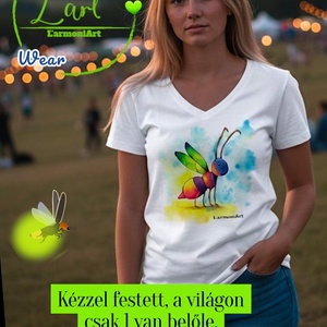 Szentjánosbogár. Kézzel festett női póló. Művészet amit viselhetsz.  , Ruha & Divat, Női ruha, Póló, felső, Festészet, Művészet, amit viselhetsz.
Minden minta egy érzés, egy kis darab művészet. 
Fehér pamut póló szentj..., MESKA