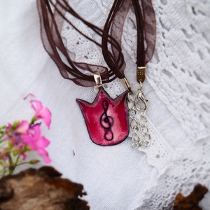 Rózsaszín tűzzománc tulipán medál - violin kulccsal - szatén láncon - ékszer - nyaklánc - medálos nyaklánc - Meska.hu