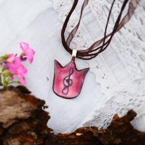 Rózsaszín tűzzománc tulipán medál - violin kulccsal - szatén láncon - ékszer - nyaklánc - medálos nyaklánc - Meska.hu