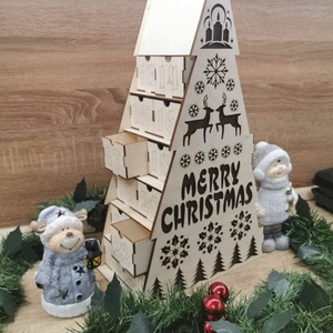 Adventi kalendárium , Karácsony, Adventi díszek, Adventi naptár, Famegmunkálás, Rétegelt lemezből készült natúr és festett felülettel. Sok-sok kisebb ajándék és finomság fér a fió..., Meska