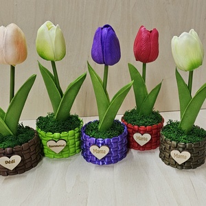 Mini kosárka tulipánnal, Otthon & Lakás, Dekoráció, Asztal és polc dekoráció, Asztaldísz, Mindenmás, 3D nyomtatással készült PLA bioműanyagból  fonott mintás mini virágbox.
A szivecske gravírozott fa...., MESKA