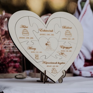 Szív formájú fa puzzle esküvőre, puzzle ceremóniára tartóval is, Esküvő, Emlék & Ajándék, Nászajándék, Ceremónia szett, Gravírozás, pirográfia, MESKA