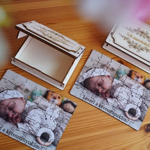 Keresztszülő felkérő fényképes fa puzzle, akár gravírozott fa dobozban/vászontasakban - baba - mama - keresztelő kellékek - keresztszülő felkérő - Meska.hu