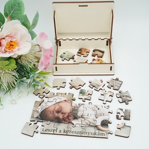 Keresztszülő felkérő fényképes fa puzzle, akár gravírozott fa dobozban/vászontasakban, Baba - mama, Keresztelő kellékek, Keresztszülő felkérő, Gravírozás, pirográfia, MESKA