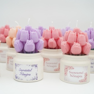 Tulipáncsokor kerámia kaspóban, szójaviasz illatgyertya nőnapra, anyák napjára is - kellékek & szerszámok - dekorációs kellékek - dekorációs gyertya - Meska.hu