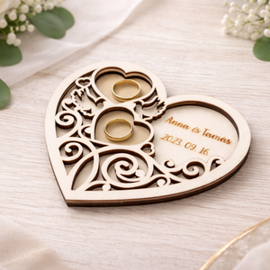 Szíves, bőrrel bélelt 3 D-s gyűrűtartó, Esküvő, Kiegészítők, Gyűrűtartó & Gyűrűpárna, Gravírozás, pirográfia, MESKA