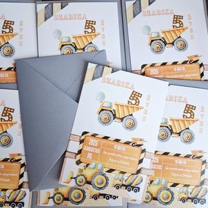 Szülinapi meghívó gyerekeknek, munkagépes grafikával - otthon & életmód - papír, írószer - ajándékozás kellékei - meghívó - Meska.hu