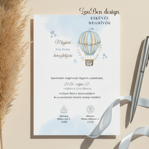 Keresztelési meghívó hőlégballonnal, kisfiúknak, Otthon & Életmód, Papír, írószer, Ajándékozás kellékei, Meghívó, Fotó, grafika, rajz, illusztráció, MESKA