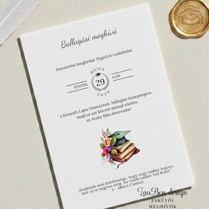 Iskolai ballagási meghívó könyvekkel, zöldes színekkel, Otthon & Életmód, Papír, írószer, Ajándékozás kellékei, Meghívó, Fotó, grafika, rajz, illusztráció, MESKA