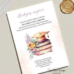 Iskolai ballagási meghívó könyvekkel, csajos színben, Otthon & Életmód, Papír, írószer, Ajándékozás kellékei, Meghívó, Fotó, grafika, rajz, illusztráció, MESKA