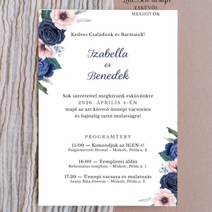 Sötétkék-púder akvarell esküvői meghívó � elegáns virágokkal és programtervvel, Esküvő, Meghívó & Kártya, Meghívó, Fotó, grafika, rajz, illusztráció, MESKA