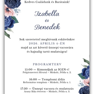 Sötétkék-púder akvarell esküvői meghívó � elegáns virágokkal és programtervvel - esküvő - meghívó & kártya - meghívó - Meska.hu
