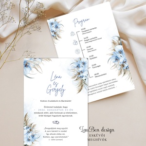 Kék orchideás és pampafüves esküvői meghívó � idővonallal - Meska.hu