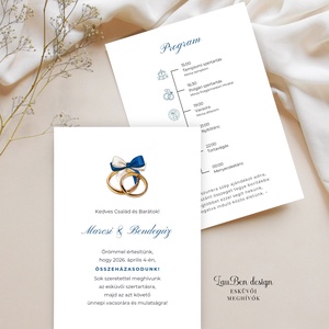 Klasszikus, letisztults esküvői meghívó � elegáns tipográfia, ikonos programtervvel, gyűrűs motívummal - Meska.hu