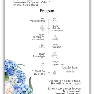 Kék hortenziás esküvői meghívó idővonalas programmal és naptárral - esküvő - meghívó & kártya - meghívó - Meska.hu