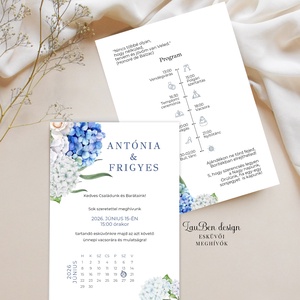 Kék hortenziás esküvői meghívó idővonalas programmal és naptárral, Esküvő, Meghívó & Kártya, Meghívó, Fotó, grafika, rajz, illusztráció, MESKA