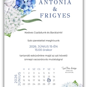 Kék hortenziás esküvői meghívó idővonalas programmal és naptárral - esküvő - meghívó & kártya - meghívó - Meska.hu