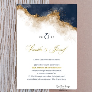 Modern gold és navy � egyoldalas absztrakt esküvői meghívó sötétkék és arany dekorral, Esküvő, Meghívó & Kártya, Meghívó, Fotó, grafika, rajz, illusztráció, MESKA