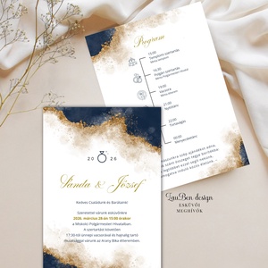 Modern gold és navy � kétoldalas absztrakt esküvői meghívó sötétkék és arany dekorral, Esküvő, Meghívó & Kártya, Meghívó, Fotó, grafika, rajz, illusztráció, MESKA