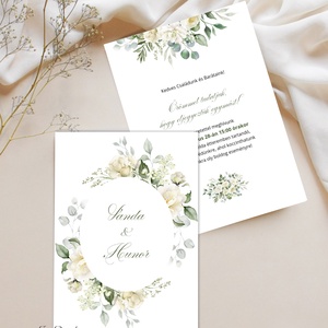 Botanikus eljegyzési meghívó � Fehér rózsa és greenary akvarell grafikával, Esküvő, Meghívó & Kártya, Meghívó, Fotó, grafika, rajz, illusztráció, MESKA