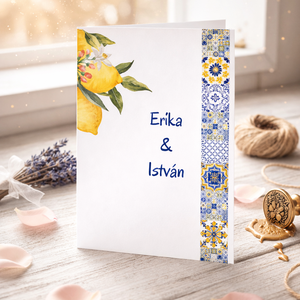 Citromos Esküvői Meghívó � Mediterrán Amalfi Stílusú, Kék-Sárga Csempemintás (Azulejo), Esküvő, Meghívó & Kártya, Meghívó, Fotó, grafika, rajz, illusztráció, MESKA
