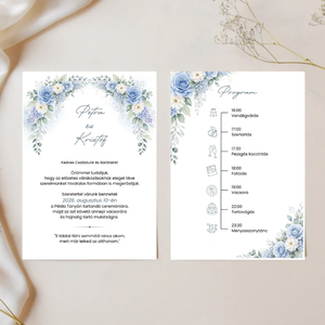 Akvarell kék virágos esküvői meghívó - Meska.hu