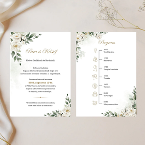Greenary és fehér virágos esküvői meghívó - Meska.hu