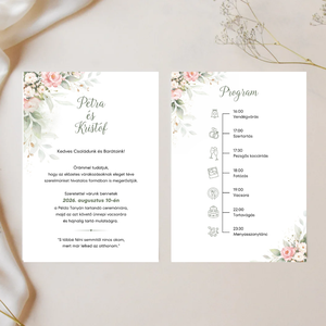 Greenary és rózsaszín virágos esküvői meghívó - Meska.hu