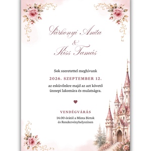 RÓZSASZÍN KASTÉLYOS ESKÜVŐI MEGHÍVÓ � FAIRYTALE IHLETTE AKVARELL DESIGN, A/6, 1 OLDALAS - esküvő - meghívó & kártya - meghívó - Meska.hu