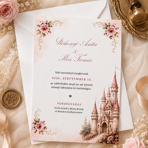 RÓZSASZÍN KASTÉLYOS ESKÜVŐI MEGHÍVÓ � FAIRYTALE IHLETTE AKVARELL DESIGN, A/6, 1 OLDALAS - esküvő - meghívó & kártya - meghívó - Meska.hu