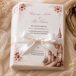 RÓZSASZÍN KASTÉLYOS ESKÜVŐI MEGHÍVÓ � FAIRYTALE IHLETTE AKVARELL DESIGN, A/6, 1 OLDALAS - Meska.hu