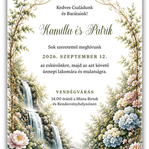 VÍZESÉSES ROMANTIKUS KERTES ESKÜVŐI MEGHÍVÓ, AKVARELL DESIGN, A/6  MÉRET, 1 OLDALAS - esküvő - meghívó & kártya - meghívó - Meska.hu