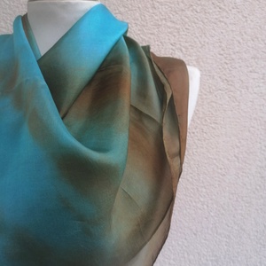 égetett türkiz selyemkendő 90x90, Ruha & Divat, Sál, Sapka, Kendő, Kendő, Selyemfestés, MESKA