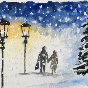 Kézzel festett téli képeslap - nem print! - karácsony - karácsonyi ajándékozás - karácsonyi képeslap, üdvözlőlap, ajándékkísérő - karácsonyi ajándékozás - Meska.hu