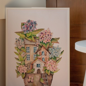 Hortenziás őszi kisház akvarell illusztráció A4-es méretben, Művészet, Festmény, Akvarell, Festészet, Meska