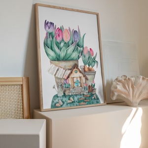 Tulipán kisház akvarell illusztráció A4-es méretben, Művészet, Festmény, Akvarell, Festészet, Meska