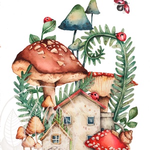 Gombás őszi kisház illusztráció - művészet - festmény - akvarell - Meska.hu