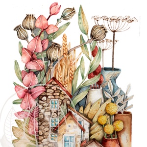 Szárított virágos kisház illusztráció, Művészet, Festmény, Akvarell, Festészet, MESKA