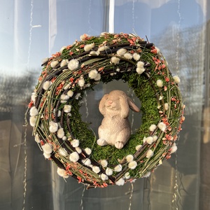 Nyuszis tavaszi ajtókopogtató, Ünnepi díszek, dekorációk, Húsvéti díszek és dekorációk, Húsvéti ajtódísz, kopogtató, , MESKA