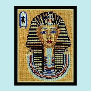 Gobelinkép, petit point, címe: Tutanhamon, Művészet, Textilkép, Gobelin, Hímzés, Meska