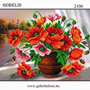 Pipacsok vázában előfestett gobelinen, Művészet, Textilkép, Gobelin, Festészet, MESKA