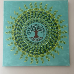 Türkiz Életfa energia-mandala pontfestéssel � Egyedi, kézzel festett akril falikép (50x50 cm) - Meska.hu