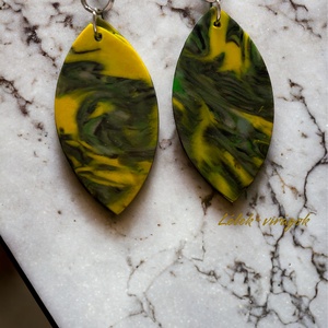 Sárga-zöld ovális polymer clay fülbevaló, Ékszer, Fülbevaló, Lógó fülbevaló, Ékszerkészítés, Gyurma, MESKA