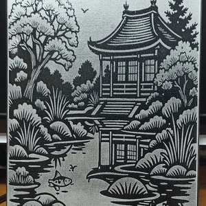 Japánkerti tájkép feszített vászonra gravírozva, keret: 180x240mm, Otthon & Életmód, Dekoráció, Kép & Falikép, Vászonkép, Gravírozás, pirográfia, MESKA