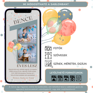 Digitális születésnapi meghívó Canva sablon - 1 éves kisfiú - Szerkeszthető - Online küldhető - Nyomtatható - művészet - grafika & illusztráció - digitális - Meska.hu