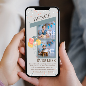 Digitális születésnapi meghívó Canva sablon - 1 éves kisfiú - Szerkeszthető - Online küldhető - Nyomtatható, Művészet, Grafika & Illusztráció, Digitális, Fotó, grafika, rajz, illusztráció, MESKA