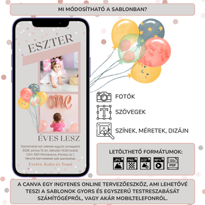 Digitális születésnapi meghívó Canva sablon - 1 éves kislány - Szerkeszthető - Online küldhető - Nyomtatható - művészet - grafika & illusztráció - digitális - Meska.hu